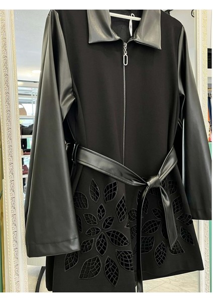 Hale Feuille Deri Detaylı Ceket - Siyah - 3 modelleri