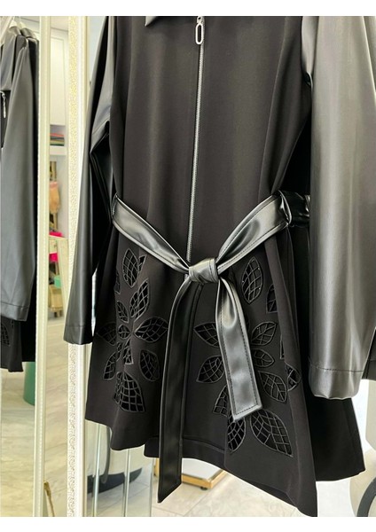 Hale Feuille Deri Detaylı Ceket - Siyah - 3 indirimleri