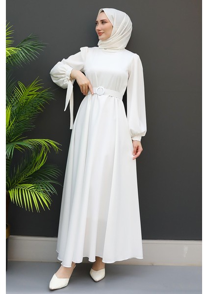 Saten Kemerli Elbise Beyaz