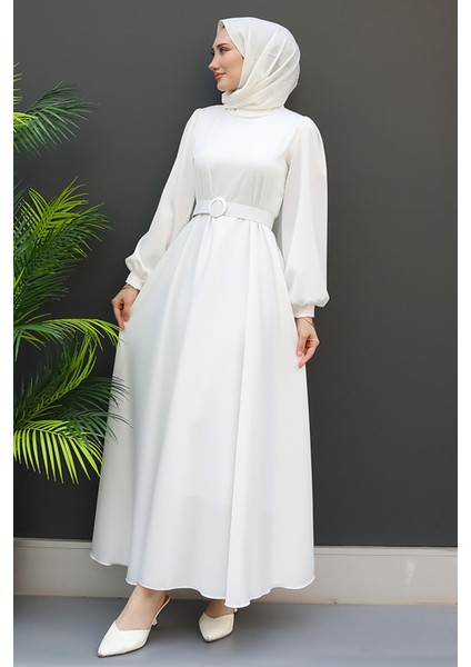 Saten Kemerli Elbise Beyaz modelleri