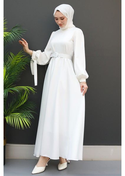 Saten Kemerli Elbise Beyaz fırsatları