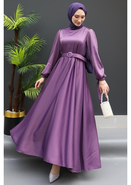 Saten Kemerli Elbise Koyu Lila fiyatları