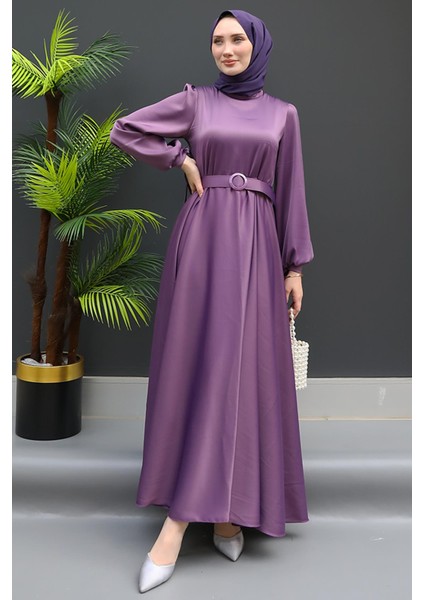 Saten Kemerli Elbise Koyu Lila modelleri