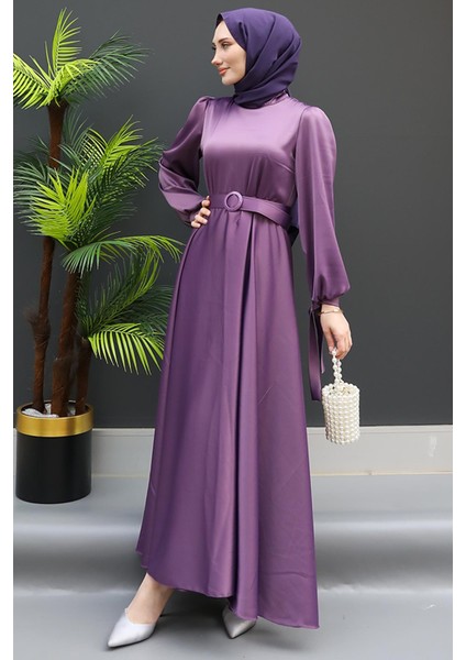 Saten Kemerli Elbise Koyu Lila fırsatları