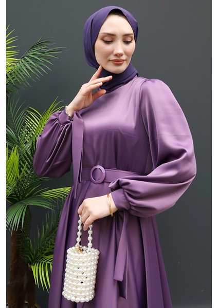 Saten Kemerli Elbise Koyu Lila indirimleri