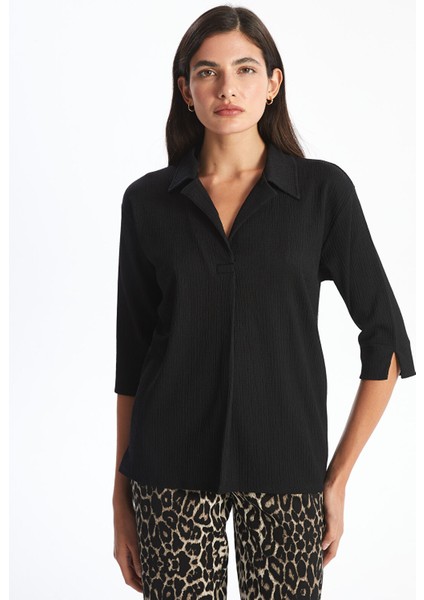 Yeni Sezon Gömlek Yaka Dokulu Oversize Kadın Bluz