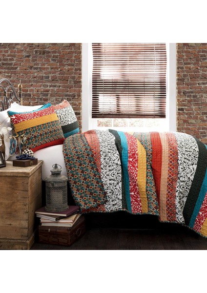 Çizgili Yorgan Ters Çevrilebilir 3 Parça Tasarım Yatak Seti - - Turkuaz ve Mandalina