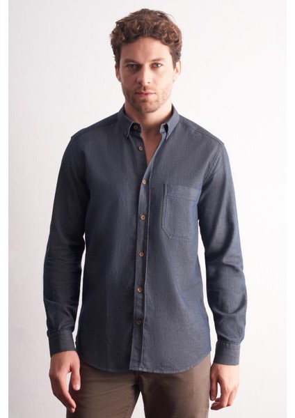 Lacivert - Kahverengi Uzun Kol Düğmeli Yaka Kendinden Desenli %100 Pamuk Slim Fit Gömlek 1004255199