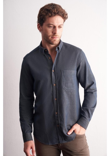 Lacivert - Kahverengi Uzun Kol Düğmeli Yaka Kendinden Desenli %100 Pamuk Slim Fit Gömlek 1004255199 modelleri