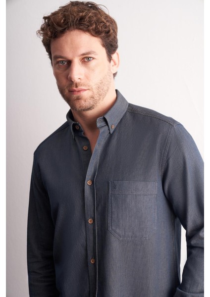 Lacivert - Kahverengi Uzun Kol Düğmeli Yaka Kendinden Desenli %100 Pamuk Slim Fit Gömlek 1004255199 fırsatları