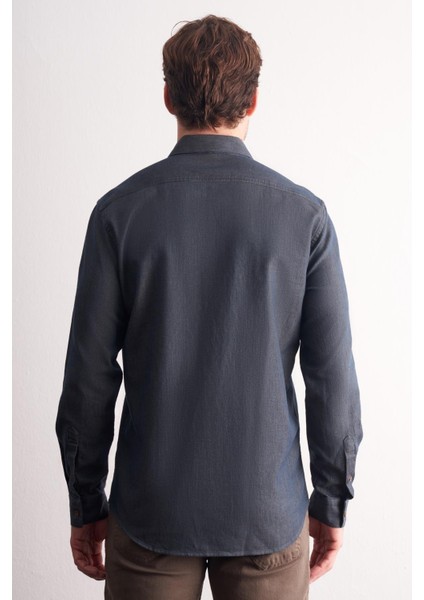 Lacivert - Kahverengi Uzun Kol Düğmeli Yaka Kendinden Desenli %100 Pamuk Slim Fit Gömlek 1004255199 indirimleri