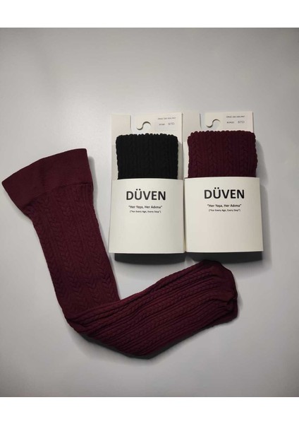 2'li Paket Yumuşacık Dokusu Klasik Örgü Deseniyle Kalın Kışlık Bordo & Siyah Rengi Dizaltı Çorap