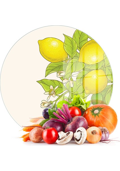 Cam Kesme Tahtası ve Sunumluk Yuvarlak Vintage Lemon 30X30 cm