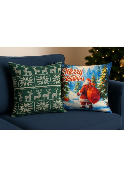 Çift Tarafı Baskılı Candy Christmas Desenli 2'li Set Kadife Kırlent Kılıfı Yılbaşı - Noel