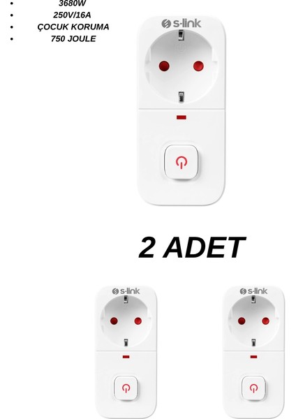 SL-010 Anahtarlı Akım Korumalı Tekli Priz 16A/250V 750 Joule - 2’li Paket