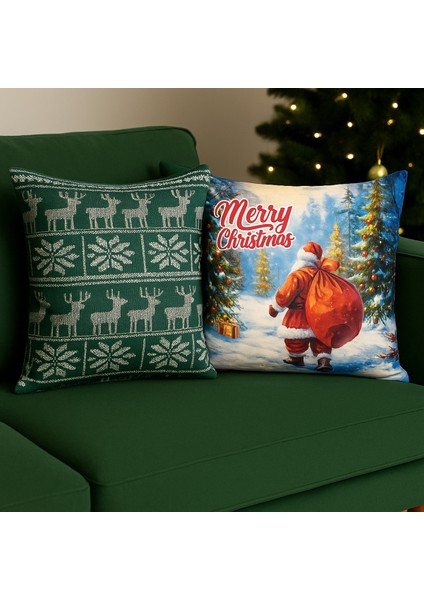 Çift Tarafı Baskılı Candy Christmas Desenli 2'li Set Kadife Kırlent Kılıfı Yılbaşı - Noel fiyatları