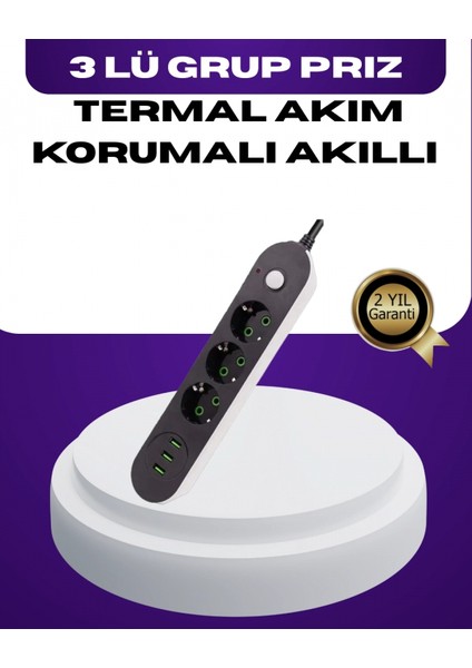 USB Yuvalı Anahtarlı Üçlü Priz 2 Metre Kablolu