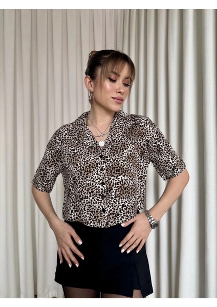 Sptrns Leopar Desenli Crop Gömlek Kahve (Beden: L)