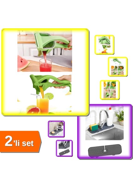 Manuel Plastik Meyve Sıkacağı + Esnek Musluk Su Tutucu Matı - 2li Set U1F5Z6