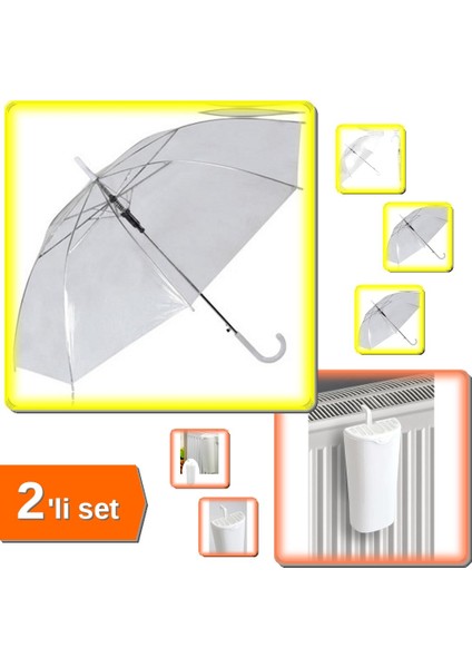 Şeffaf Şemsiye + 3 Adet Kalorifer Suluğu Petek Nemlendirici - 2li Set F7P5C5