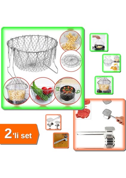 Çok Fonksiyonlu Pratik Süzgeç Katlanır Kızartma Haşlama + Çelik Et Dövme Aparatı - 2li Set V5H5X9