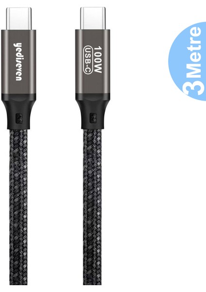 Type C To Type C 100 Watt Android Huawei Xiaomi Iphone Hızlı Şarj Data Kablosu Siyah 3 Metre