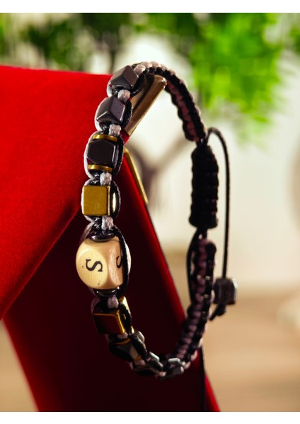 Makrome Örme Bileklik El Yapımı Kişiye Özel Harfli Bileklik Doğal Taş Hematit Bileklik