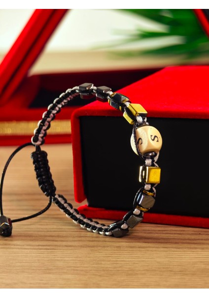 Makrome Örme Bileklik El Yapımı Kişiye Özel Harfli Bileklik Doğal Taş Hematit Bileklik