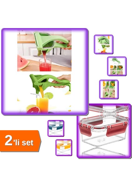 Manuel Plastik Meyve Sıkacağı + 3 Adet Vakumlu Akrilik Saklama Kabı 900 ml - 2li Set A6F2D8