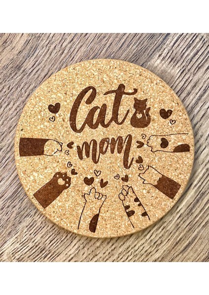 Cat Mom Baskılı Kedi Temalı Mantar Bardak Altlığı (1 Adet)