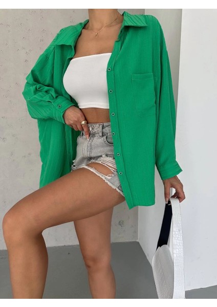 Sptrns Ağaç Kabuğu Oversize Arkası Pileli Gömlek Yeşil (Beden: Standart)