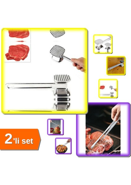 Çelik Et Dövme Aparatı + Et Kızartma Maşası Pratik Pişirme - 2li Set F6S3G2