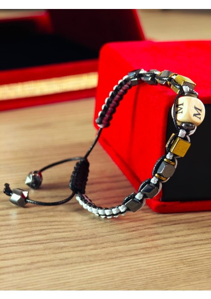 Makrome Örme Bileklik El Yapımı Kişiye Özel Harfli Bileklik Doğal Taş Hematit Bileklik