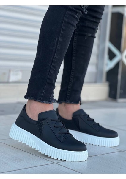 Yzlal KB-X502 Kuback Siyah Cilt Yüksek Beyaz Taban Bağcık Detaylı Lastikli Günlük Erkek Ayakkabı (Numara: 44)