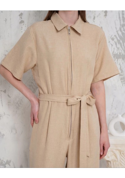 Sptrns Kuşaklı Gömlek Yaka Salaş Tulum Bej S255822 (Beden: L) fırsatları