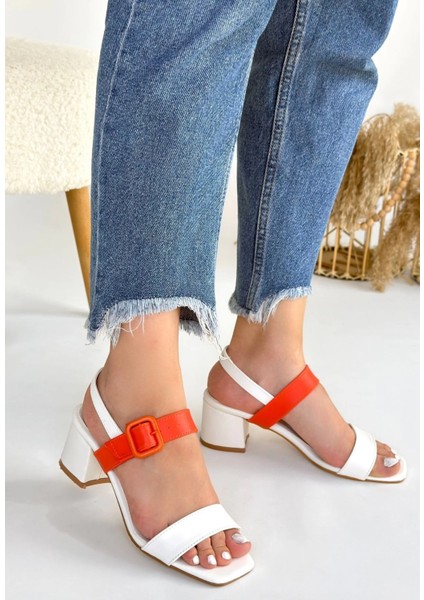 Yzlal Year Beyaz Cilt Turuncu Detaylı Beyaz Topuklu Ayakkabı (Numara: 36) modelleri