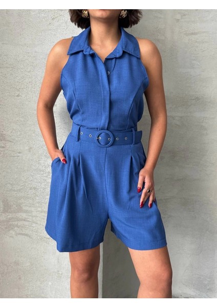 Sptrns Yakalı Şort Tulum Mavi (Beden: Xl)