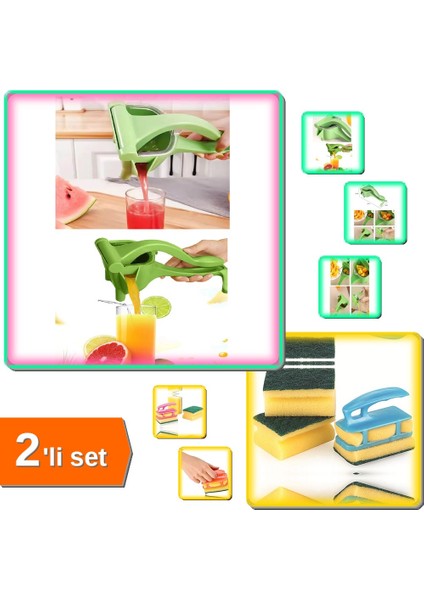 Manuel Plastik Meyve Sıkacağı + Süngermatik 3 Adet Bulaşık Süngeri - 2li Set C5Y8P0