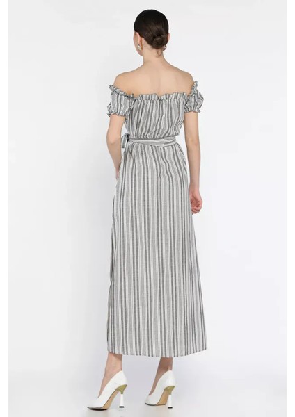 Sptrns Madonna Yaka Midi Yırtmaçlı Kuşaklı Keten Elbise Gri (Beden: S) fiyatları