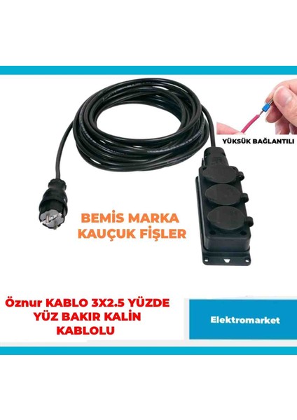 Kauçuk 3'lü Araç Şarjı Uyumlu 10-50 Metre Arası (3x2.5 Ttr Öznur Kablolu Tam Bakır) Uzatma Seyyar