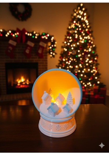Ceresshop Tealight Işıklı Kış Köyü Dekoratif Kar Küresi Beyaz