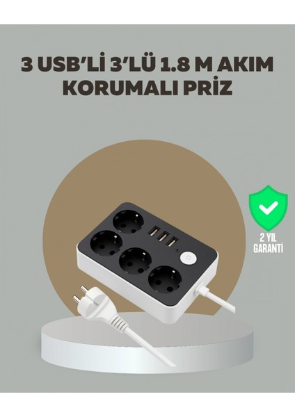 4 Prizli 3 USB Portlu Anahtarlı Akım Korumalı Priz