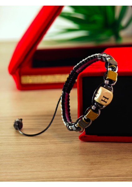 Makrome Örme Bileklik El Yapımı Kişiye Özel Harfli Bileklik Doğal Taş Hematit Bileklik