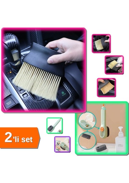 Yumuşak Kıllı Araç Fırçası + Çok Amaçlı Deterjan Hazneli Fırça - 2li Set Q7J8T2