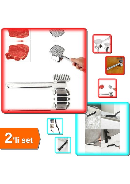 Çelik Et Dövme Aparatı + Ince Kıl Banyo Mutfak Temizlik Fırçası - 2li Set G7C4C1