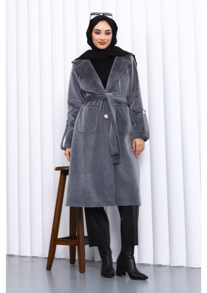 Füme Kruvaze Yaka Kol Apoletli Angora Kaban