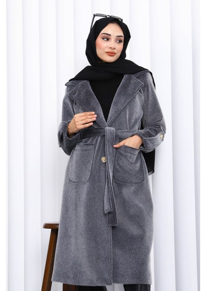 Füme Kruvaze Yaka Kol Apoletli Angora Kaban modelleri