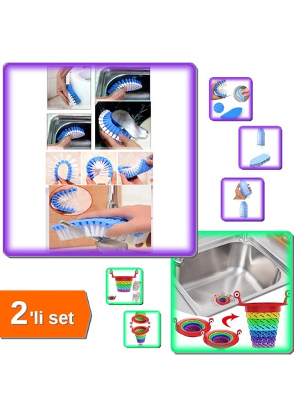 Esnek Kenar Köşe Lavabo Fırçası + Gökkuşağı Mutfak Banyo Lavabo Filtreesi - 2li Set Y5D4A4