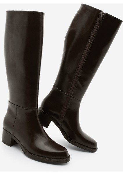 Kadın Fermuarlı Günlük Topuklu Çizme Fabes Kahve