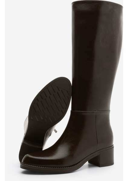 Kadın Fermuarlı Günlük Topuklu Çizme Fabes Kahve